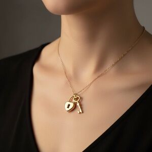 18k Gold Plated Heart Lock and Key Pendant Necklace. New.